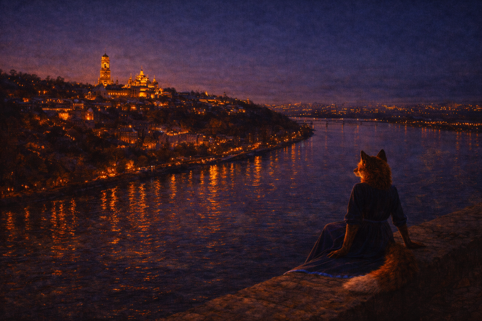 Foxyana standing by the Dnipro at dusk — Ukraine's oldest story, the river as literary protagonist